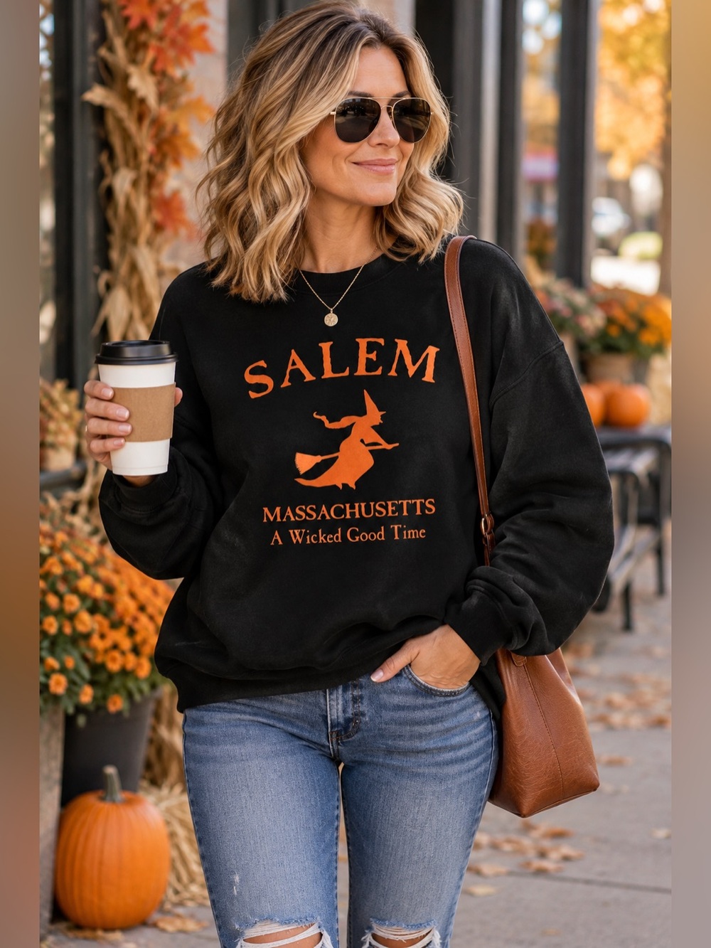 Gildan Salem Massachusetts Witch Halloween Black Crewneck Sweatshirt XL. Autumn